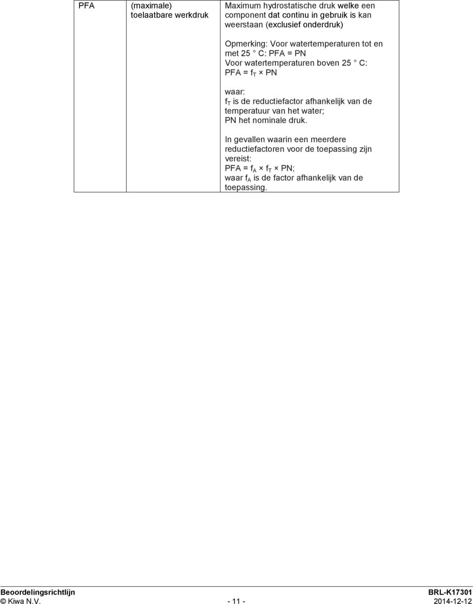 waar: f T is de reductiefactor afhankelijk van de temperatuur van het water; PN het nominale druk.