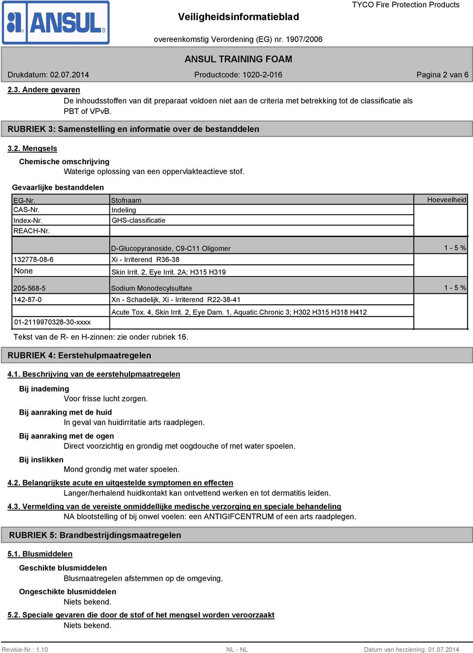 REACH-Nr. 132778-08-6 None Stofnaam Indeling GHS-classificatie D-Glucopyranoside, C9-C11 Oligomer Xi - Irriterend R36-38 Skin Irrit. 2, Eye Irrit.