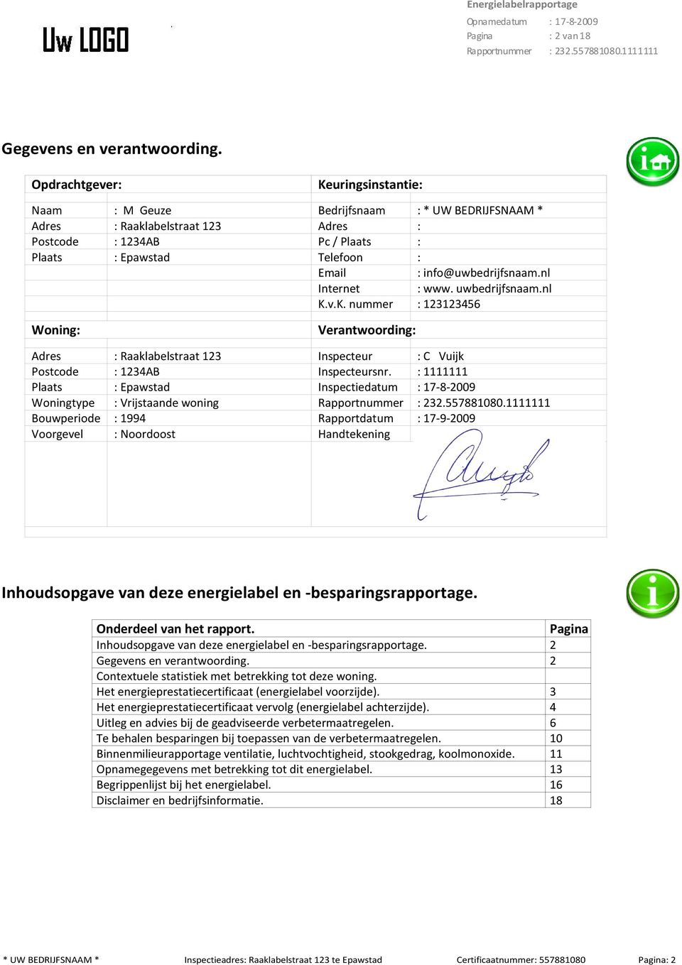 info@uwbedrijfsnaam.nl Internet : www. uwbedrijfsnaam.nl K.v.K. nummer : 123123456 Woning: Verantwoording: Adres : Raaklabelstraat 123 Inspecteur : C Vuijk Postcode : 1234AB Inspecteursnr.