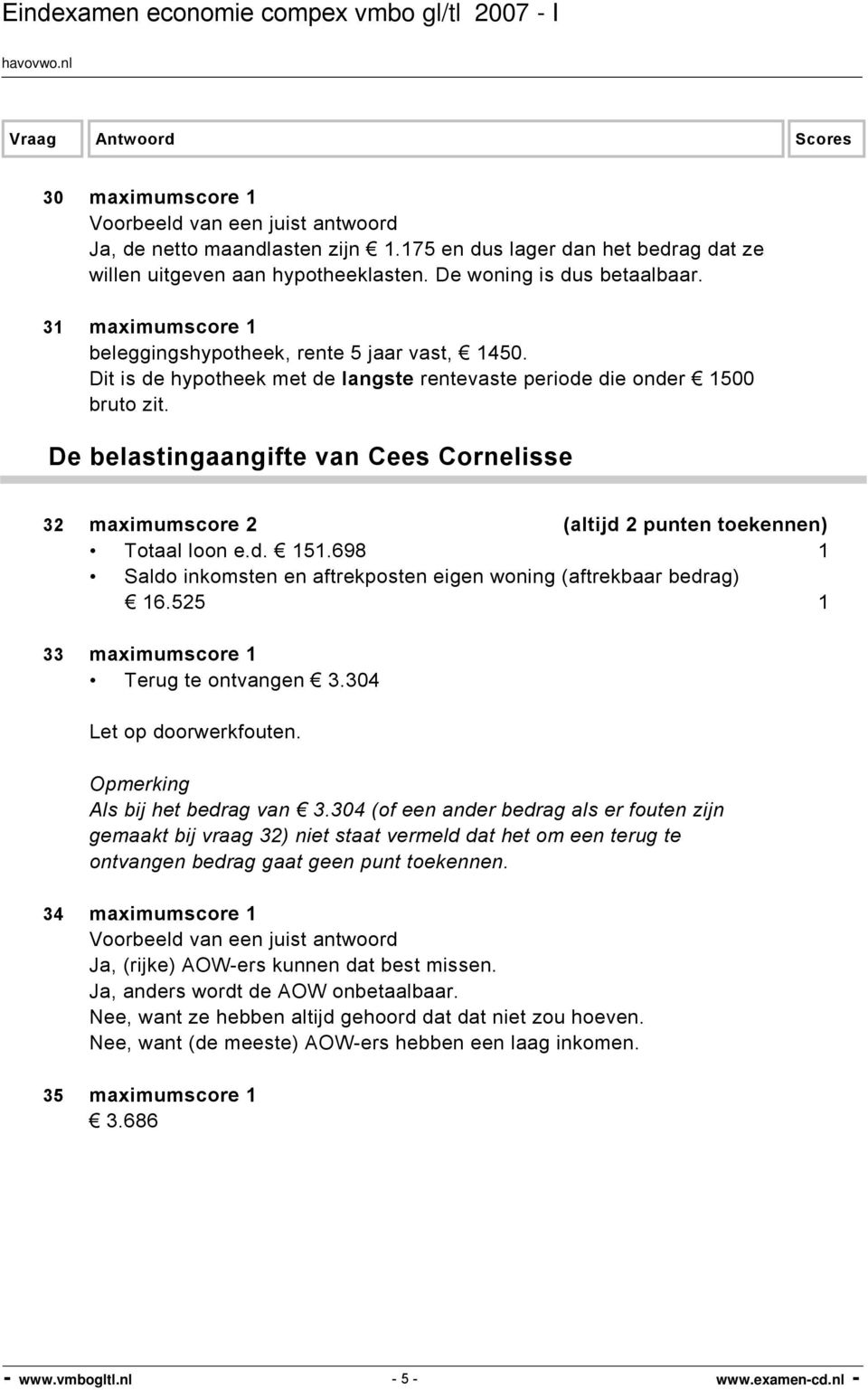 De belastingaangifte van Cees Cornelisse 32 maximumscore 2 (altijd 2 punten toekennen) Totaal loon e.d. 151.698 1 Saldo inkomsten en aftrekposten eigen woning (aftrekbaar bedrag) 16.