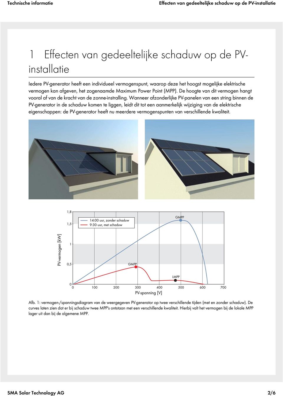 Wanneer afzonderlijke PV-panelen van een string binnen de PV-generator in de schaduw komen te liggen, leidt dit tot een aanmerkelijk wijziging van de elektrische eigenschappen: de PV-generator heeft