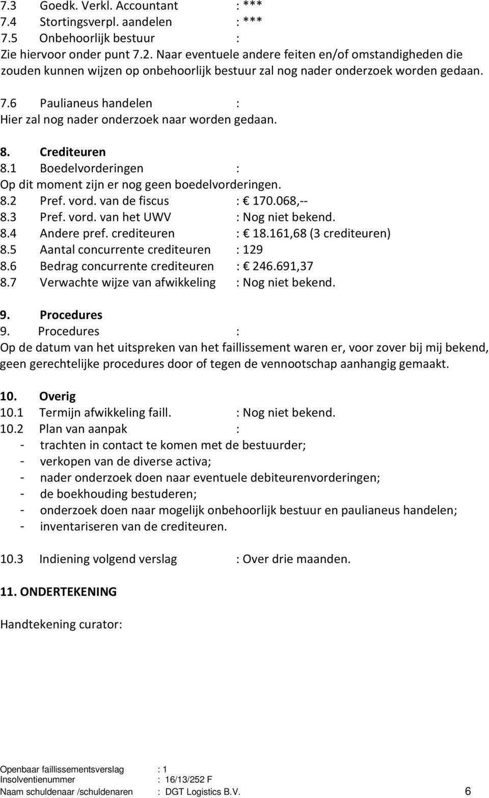 6 Paulianeus handelen : Hier zal nog nader onderzoek naar worden gedaan. 8. Crediteuren 8.1 Boedelvorderingen : Op dit moment zijn er nog geen boedelvorderingen. 8.2 Pref. vord. van de fiscus : 170.