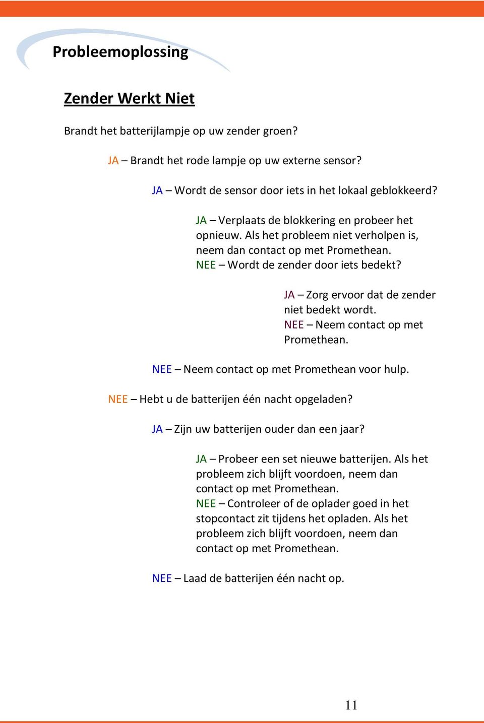 JA Zorg ervoor dat de zender niet bedekt wordt. NEE Neem contact op met Promethean. NEE Neem contact op met Promethean voor hulp. NEE Hebt u de batterijen één nacht opgeladen?