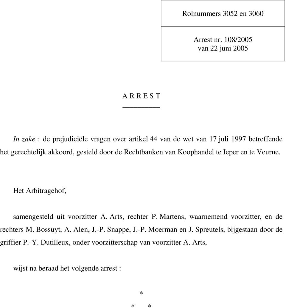 gerechtelijk akkoord, gesteld door de Rechtbanken van Koophandel te Ieper en te Veurne. Het Arbitragehof, samengesteld uit voorzitter A.