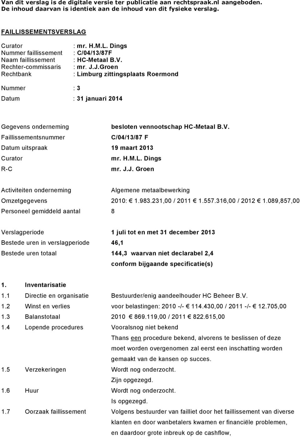 J.Groen : Limburg zittingsplaats Roermond Nummer : 3 Datum : 31 januari 2014 Gegevens onderneming besloten vennootschap HC-Metaal B.V.