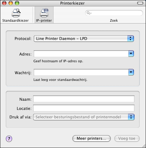 AFDRUKKEN OP MAC OS X INSTELLEN 16 EEN PRINTER TOEVOEGEN MET DE VERBINDING IP-PRINTER 1 Klik op IP-printer in het dialoogvenster Printerkiezer. Het deelvenster IP-printer wordt weergegeven.