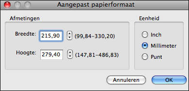 AFDRUKKEN UIT MAC OS X 34 5 Klik op Aangepast. Het dialoogvenster Aangepast papierformaat wordt weergegeven. 6 Kies de opties om het aangepaste paginaformaat te definiëren.