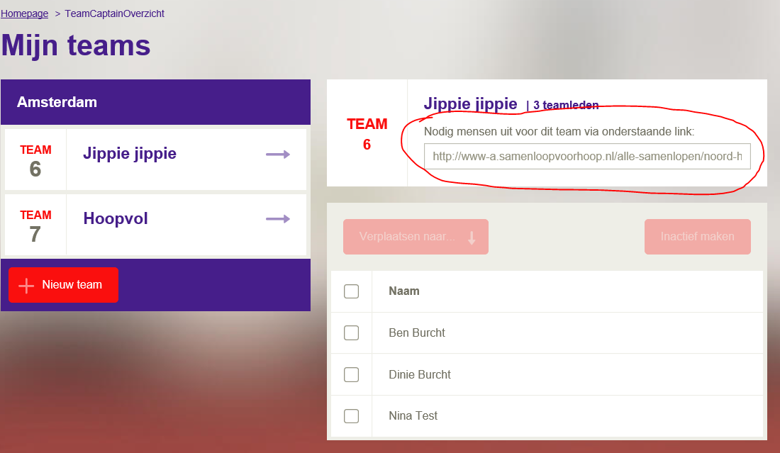 Ook vind je in dit scherm de link die je naar nieuwe teamleden kunt sturen via email, WhatsApp of sms.