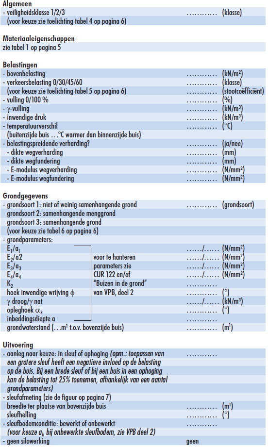 Checklist Te hanteren berekeningsgegevens (toelichting en tabellen op pagina s 5, 6 en 7).