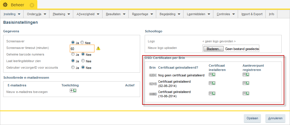Via de optie Certificaat installeren kunt u het door OSO verstrekte certificaat+wachtwoord (zie stap 5 van stappenplan voor certificering) inlezen in SOMtoday.