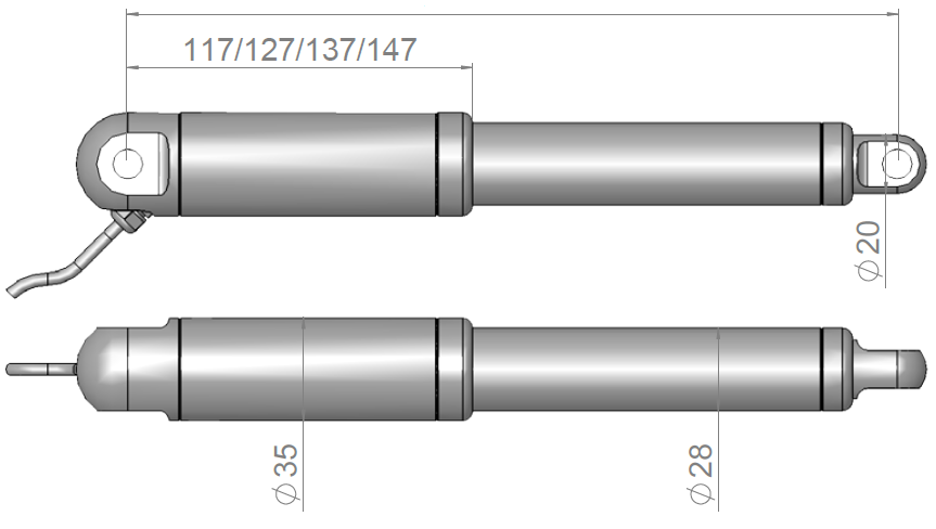 Snelheid/kracht Snelheid [mm/s] Overbrenging 1:5 Belasting 120 N, snelheid 33 mm/s Nauwkeurigheid ±10% Belasting [N] duw / trek Kracht/stroom Stroom @24VDC [A] Stroom @12VDC [A] Gebruik in de