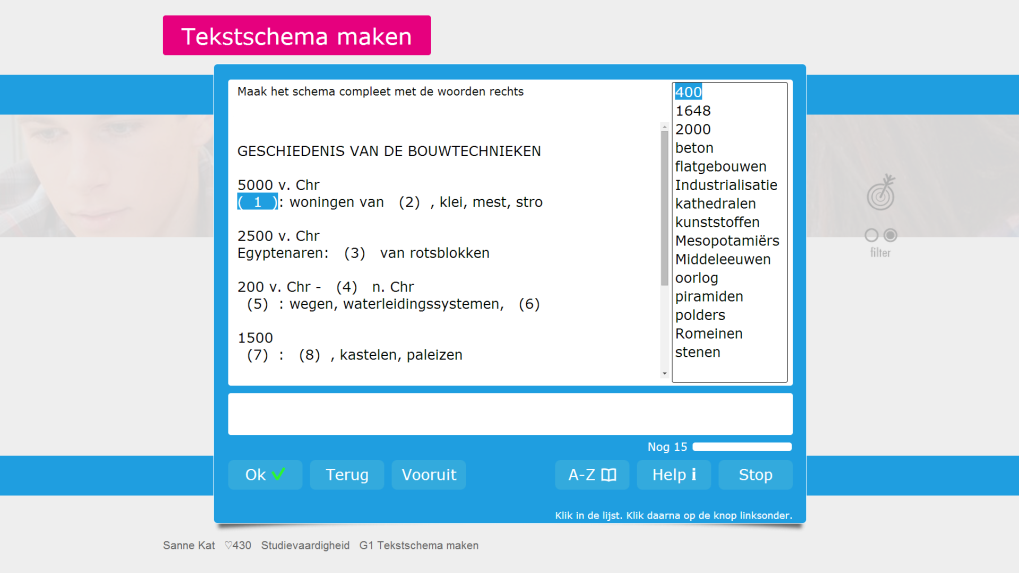 Oefening G1 een oefening waarbij de leerling woorden moeten plaatsen in een tekstschema. PRECIES LEZEN Om goed te kunnen studeren is niet alleen belangrijk dat men de grote lijn van een tekst herkent.