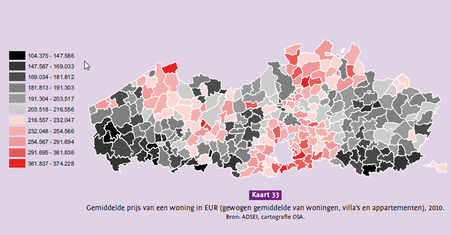 prijzen Geografische verschillen Woningen J1985-87 duur=krans rond Brussel & Noorden van Antwerpen goedkoper=rest +