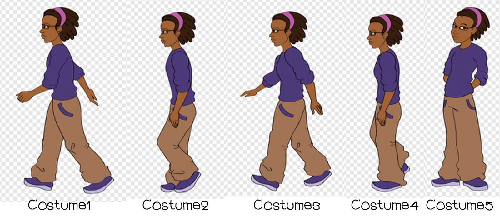 dat uit één geheel bestaat zoals een onesie of een huispak. Maar in Scratch heeft een costume een hele andere betekenis. De sprite (karakter) kan vele vormen aannemen.