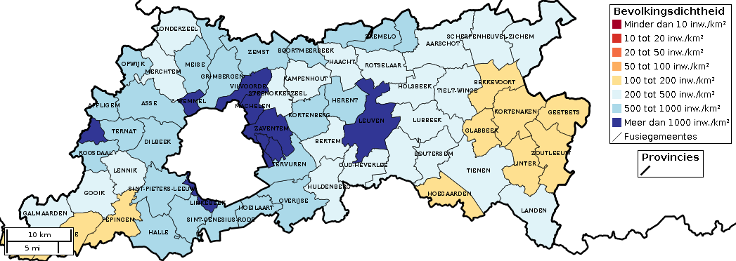 Kaartvisualisatie bevolkingsdichteid 2013 per fusiegemeente voor de