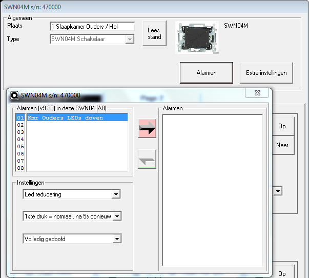 Je kan dus bij het aanmaken van een alarmcode verschillende schakelaars selecteren om deze code toe te wijzen, maar je kan dan op de schakelaar zelf de alarmcode voor deze schakelaar