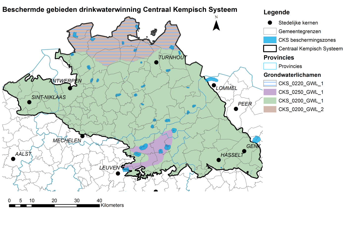 Figuur 5.15: Locatie drinkwaterbeschermingszones in het Centraal Kempisch Systeem Tabel 5.