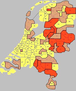 In de figuur is weergegeven in welke postcodegebieden (2-cijferig) het percentage jongeren met een geldige beschikking relatief hoog is.