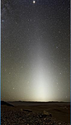 TENSLOTTE: STOF IN HET ZONNESTELSEL Zodiakaal licht: is een uiterst zwakke permanente driehoekige witte lichtgloed aan de nachtelijke hemel die lijkt uit te stralen vanaf van de zon (langs haar baan