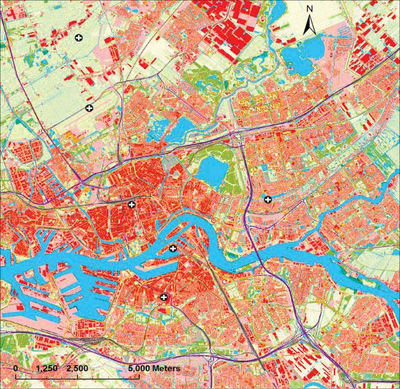 De variatie in UHI binnen Rotterdam is aanzienlijk zoals ook Figuur 1.13 laat zien. De dichtbebouwde locaties Centrum, Rijnhaven, Zuid, en Spaanse polder laten de hoogste UHI intensiteiten zien.