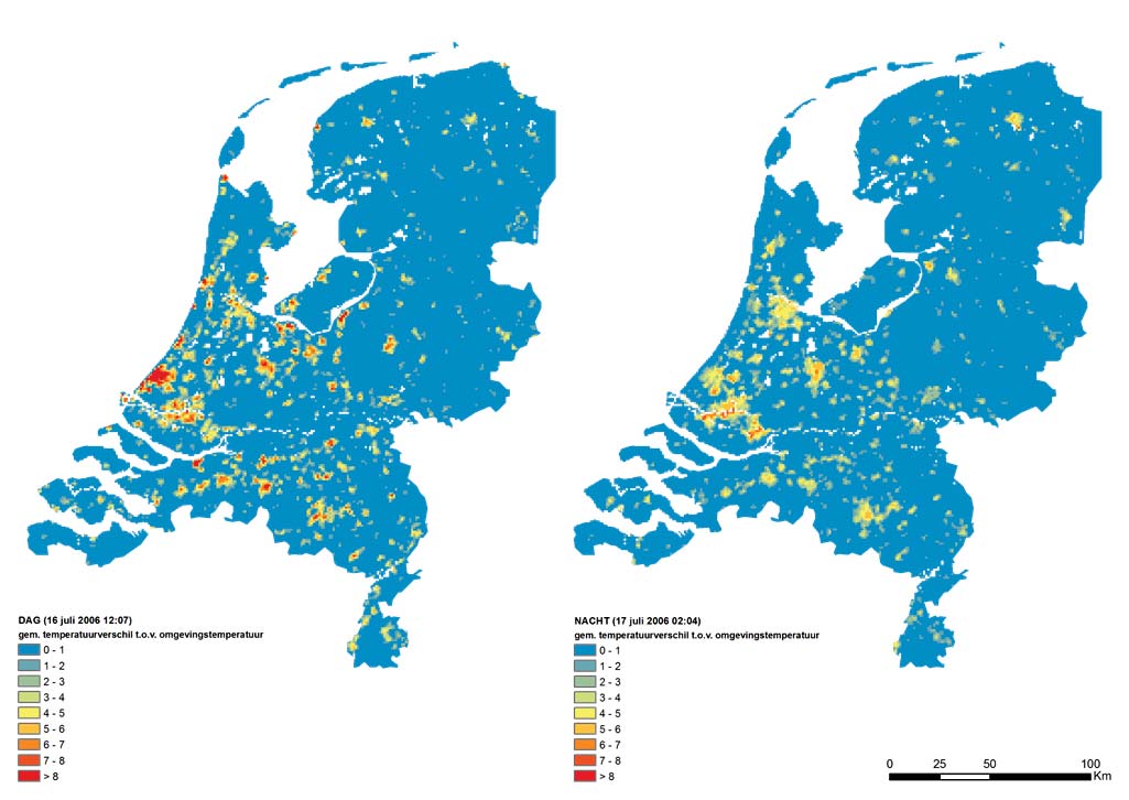 Figuur 1.3. Het oppervlakte hitte-eiland effect van de Nederlandse steden voor de situatie overdag (links) en s nachts (rechts).