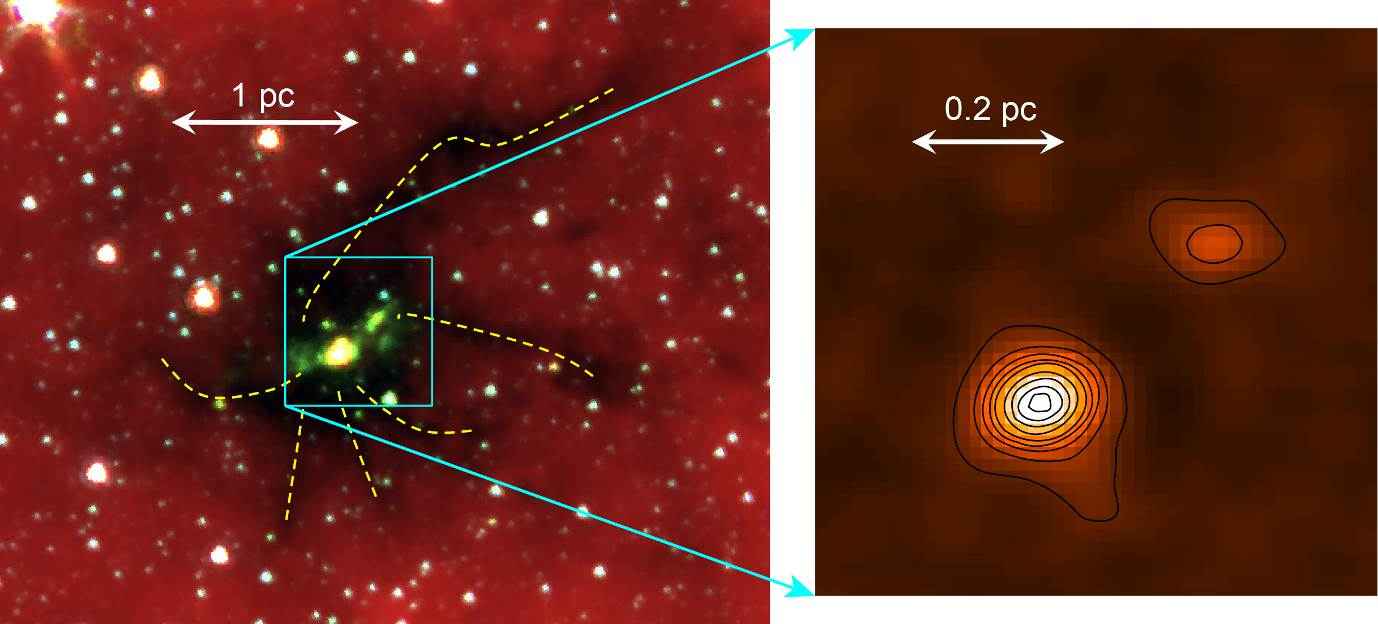 De geboorte van een zware ster. Links zien we een gebied aan de oostelijke grens van het sterrenbeeld Norma (Winkelhaak). De opname toont de donkere infraroodwolk SDC335.579-0.