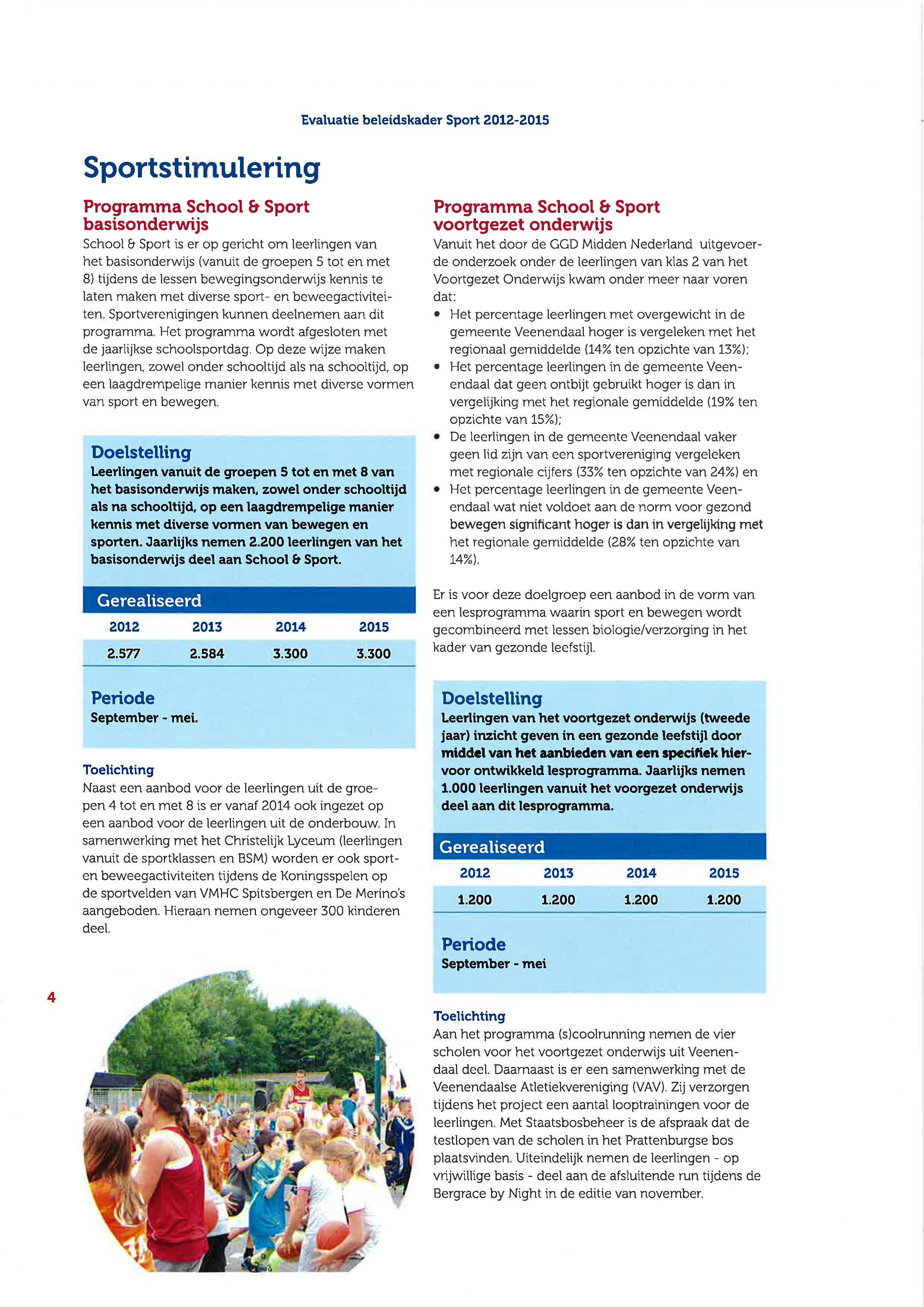 Evaluatie beleidskader Sport - Sportstimulering Programma School & Sport basisonderwijs School & Sport is er op gericht om leerlingen van het basisonderwijs (vanuit de groepen 5 tot en met 8) tijdens