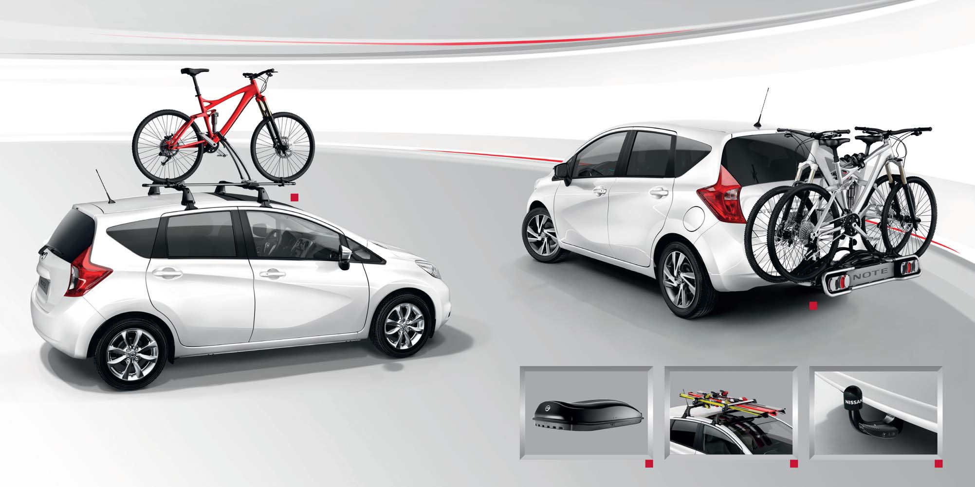 VERGROOT UW MOGELIJKHEDEN. Bent u een skiër, snowboarder of fietsfanaat? Zijn jullie een ondernemende familie? Uw Nissan NOTE is klaar voor grote avonturen met de speciaal ontworpen dragers.