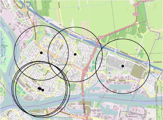 Uit figuur 3.3 blijkt dat de supermarkten in Papendrecht een goede spreiding hebben; nagenoeg alle inwoners hebben op relatief korte afstand van de woning de beschikking over een supermarkt.