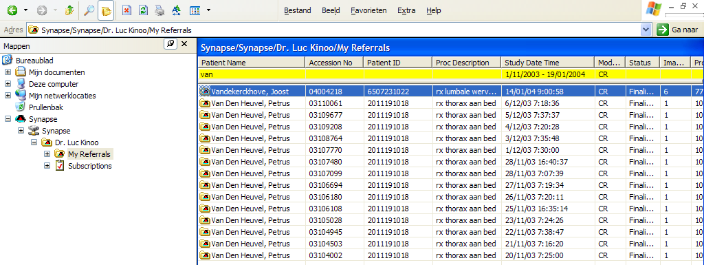 Zo geeft bovenstaand voorbeeld alle CR-onderzoeken weer van 1/11/03 tot 19/01/04 voor de patiënten wiens naam met van begint.