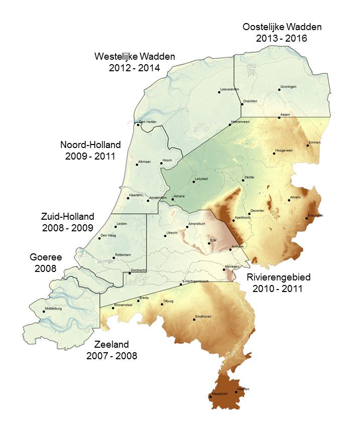 van de lithostratigrafische eenheden die in elk gebied zijn gemodelleerd en de eventuele verschillen met de andere gebieden. Figuur 1: Modelgebieden GeoTOP.