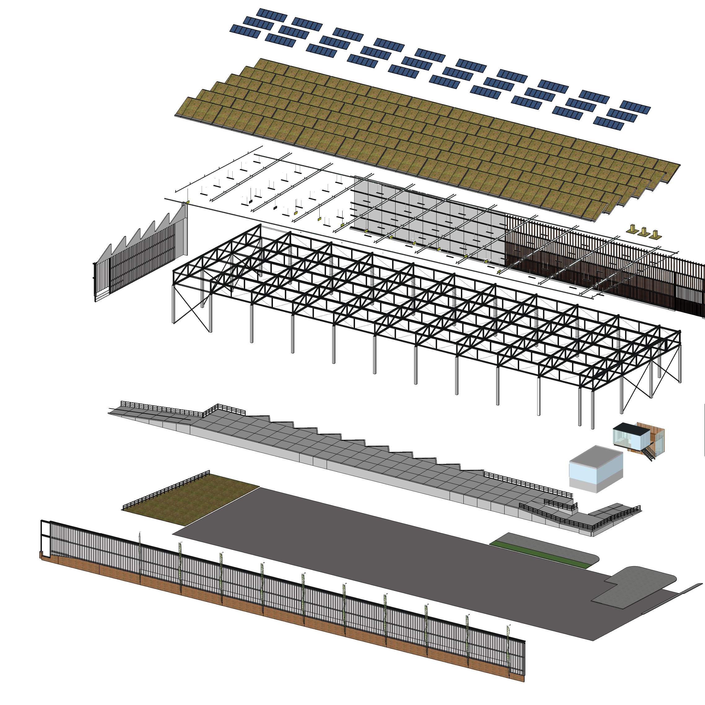 Zonnecellen Mos-sedum Installatie orac s vooraan de straat Draagconstructie in staal vakwerken, 3m hoog, overspannen 28 meter open gevel met verticale delen platform beheer in 2 delen.