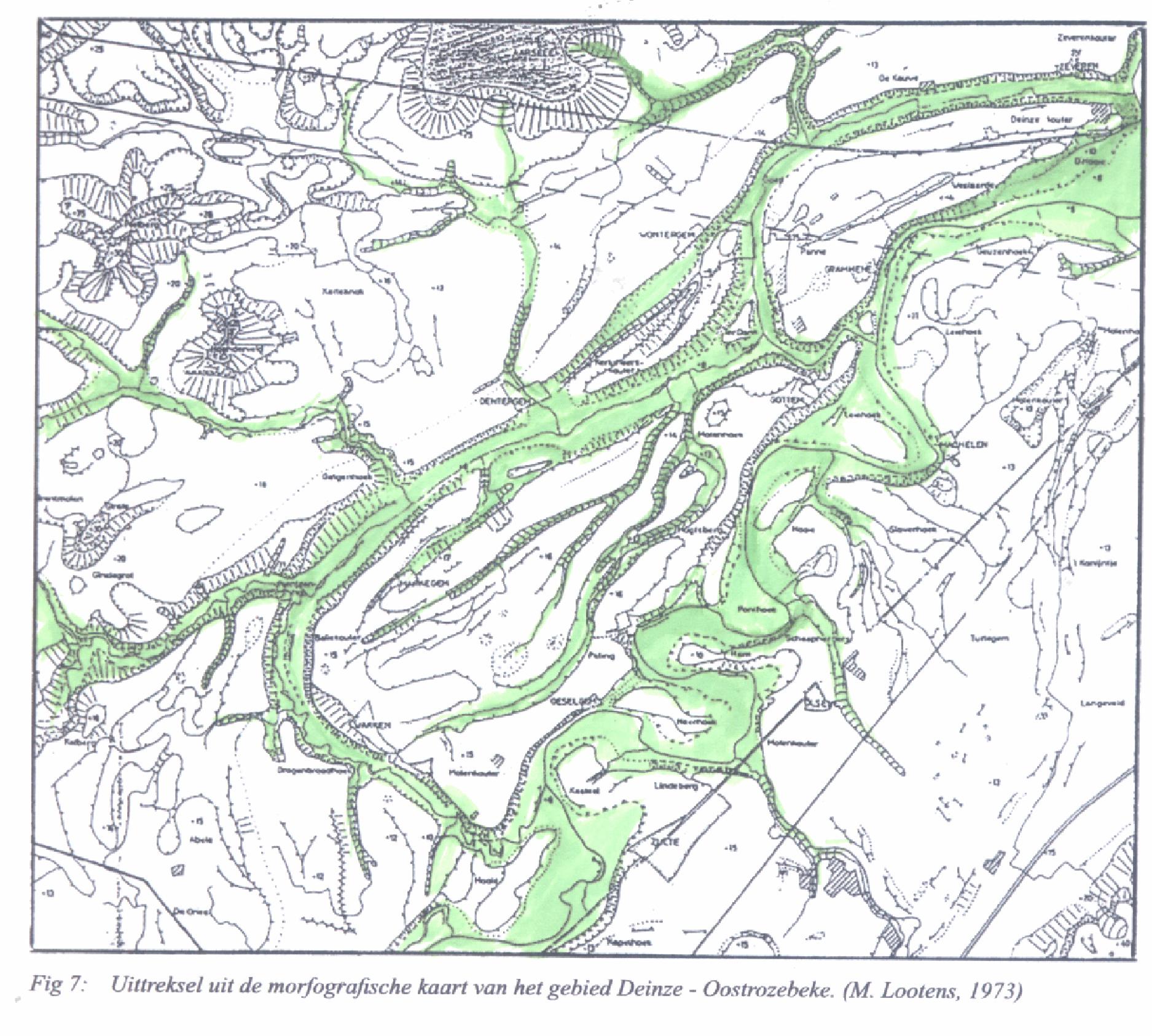 Op het morfografische kaartje van 1973 is de ligging van de meersen duidelijk te volgen met de beken die evenwijdig gericht afwateren naar de zee. Ze maken deel uit van de Vlaamse Vallei.