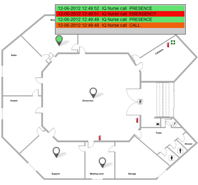 IQ GRAPHICAL FLOOR PLAN Real-time alarmen zichtbaar gemaakt in IQ Graphical Floor Plan LiveTrack, positionering met bluetooth devices Alle IQ Messenger geïntegreerde