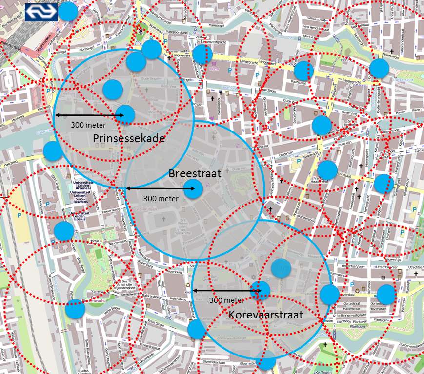 Invloedgebieden van de drie centrumhaltes op basis van hemelsbrede loopafstanden van 300 meter, weergegeven met blauwe cirkels.