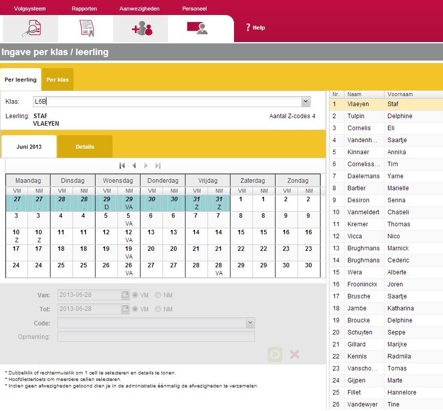 HOOFDSTUK 1. WEBSITE VOOR LEERKRACHTEN 10 Figuur 1.8: Overzichtscherm ingave afwezigheden per leerling Rechtsonder de selectie van de klas wordt het aantal Z-periodes weergegeven.