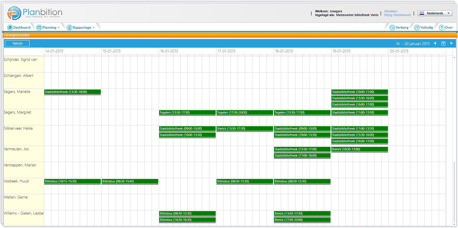 figuur 11: groepsrooster Aan de linkerzijde wordt de naam van de medewerker getoond en aan de rechterzijde wordt het rooster voor 1 week getoond.