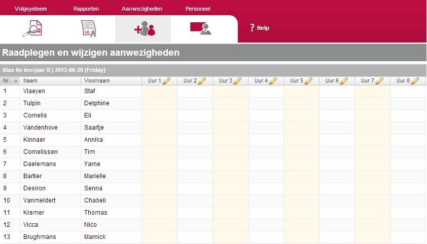 Wanneer u dubbelklikt op de klas, krijgt u een overzicht van de leerlingen met de reeds ingegeven afwezigheden (door andere leerkrachten) per lesuur van deze klas.