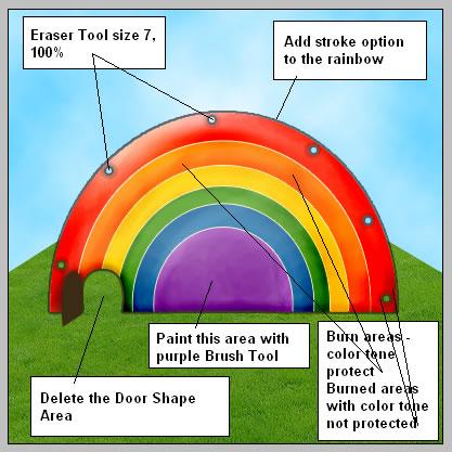 Stap 5 - Details Ctrl + klik op de eerste deur laag; op laag met "regenboog" de delete toets aanklikken. De laag "deur" onzichtbaar maken.