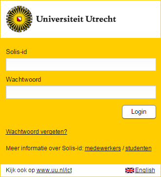 Kies Inloggen met Solis-ID Universiteit Utrecht. Voer in het gele scherm je Solis-id en wachtwoord in.