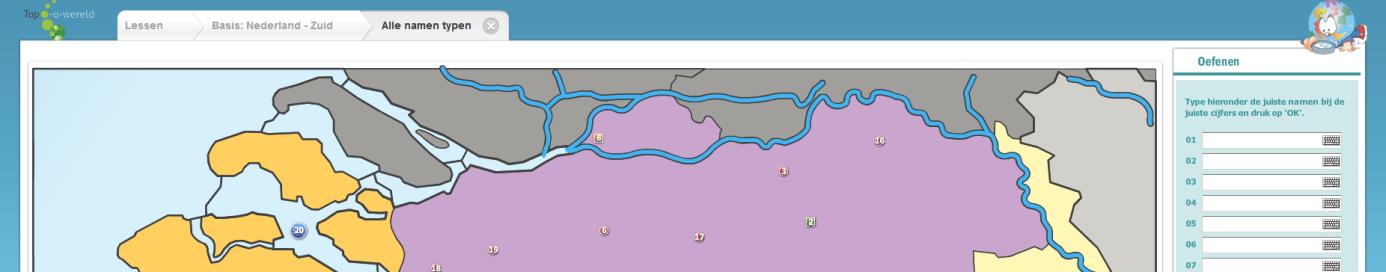 4 Aanklikken Figuur 12: Oefening 'Aanklikken' Bij de oefening Aanklikken wordt door TopoWereld een plaats gevraagd. De leerling moet het juiste pictogram op de kaart aanklikken.