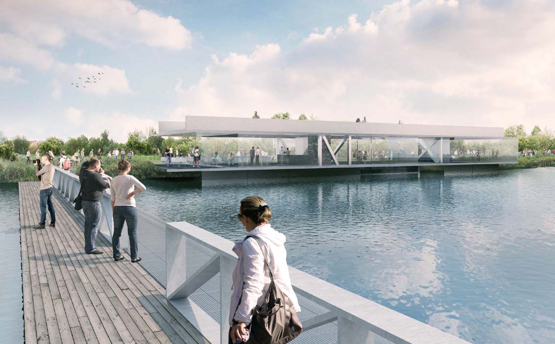 Links: Artist impression van het winnende ontwerp van het nieuwe bezoekerscentrum (beeld M&DB Architecten).