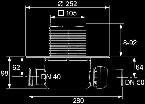 afsluitstop met uitneembare sifon waterslothoogte = 50 mm conform DIN EN 1253 opzetstuk met roosterrand van kunststof (ABS) en O-ring designrooster van getrokken rvs, materiaal 1.