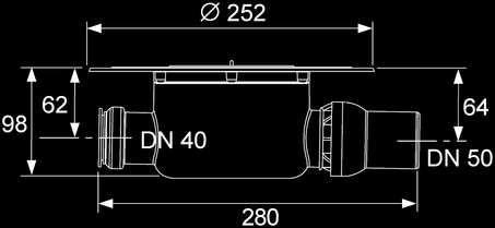 afsluitstop met uitneembare sifon waterslothoogte = 50 mm conform DIN EN 1253 Afvoercapaciteit conform DIN EN 1253 bĳ 10/20 mm stuwhoogte boven het rooster: bĳ een minimale hoogte van het opzetstuk: