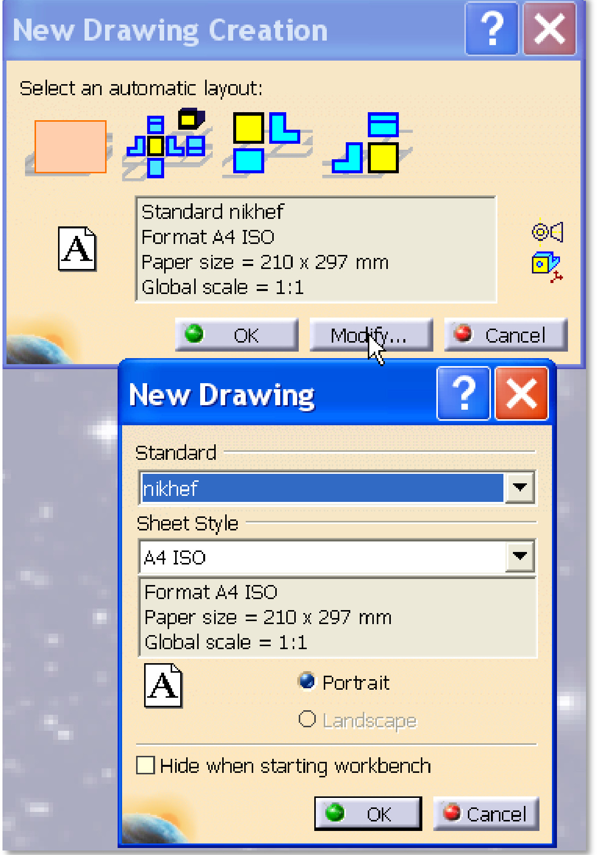 Genereer een A4 tekening File> New> Drawing of rechtsbovenin: Stel