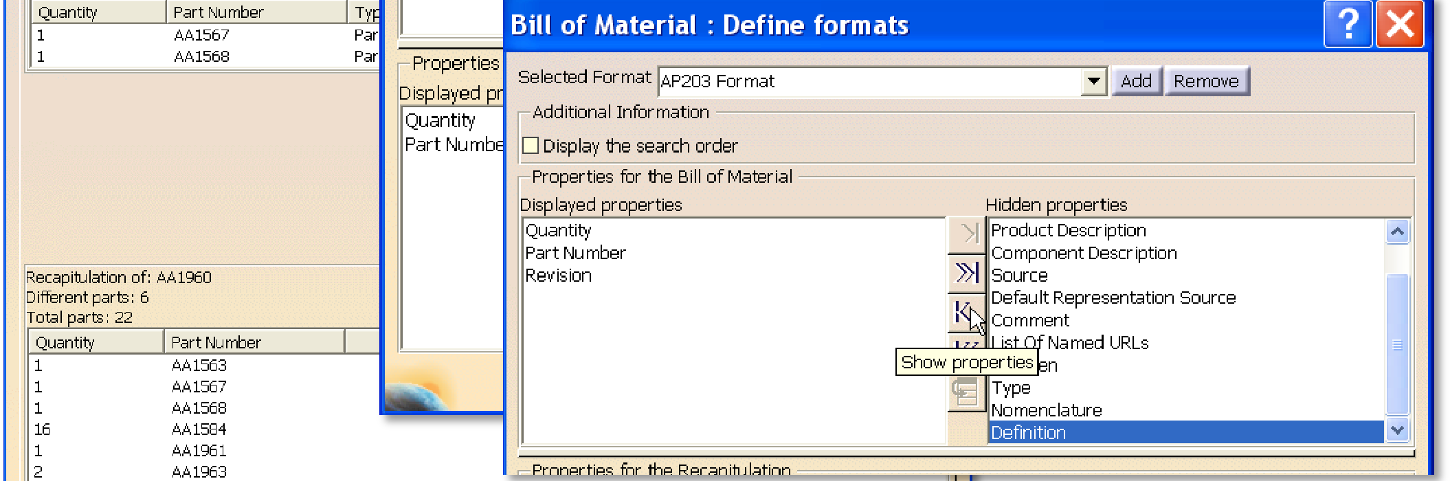 Definiëren van de BOM De BOM kunnen we definiëren in het 3D view met: Analyze> Bill of Material Klik> Define formats In