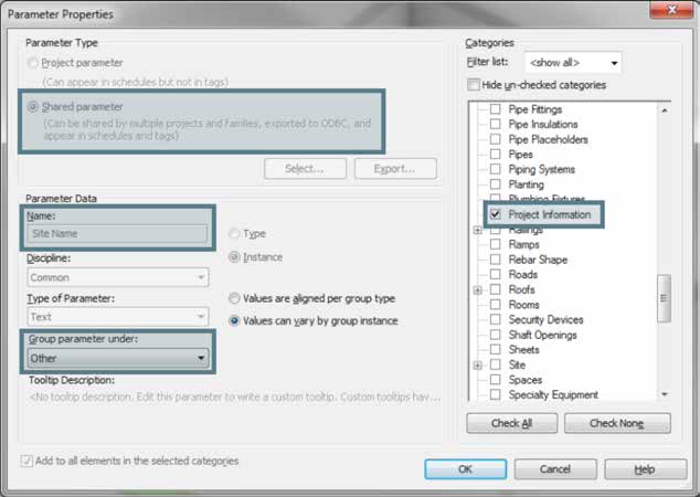 Vul de volgende waarden in: Parameter Type: Shared Parameter Name: SiteName (u vindt deze parameters in de Autodesk IFC Shared Parameters file zoals meegeleverd met NLRSv2.5.