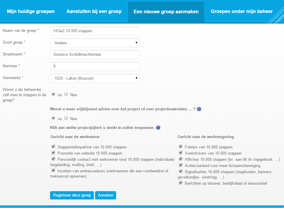 11 3. Vul de gegevens van de groep in. 4. Duid aan of je mee wil stappen in de groep, of enkel beheerder wil zijn zonder dat je stappen meetellen. 5.