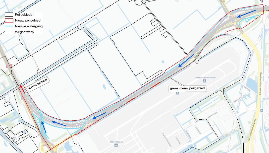 Afbeelding 9.9. Nieuw peilgebied voor watersysteem van de weg in polder Schieveen en Delflandse deel van Vlinderstrik In onderstaande tabel zijn de te nemen maatregelen samengevat. Tabel 9.3.