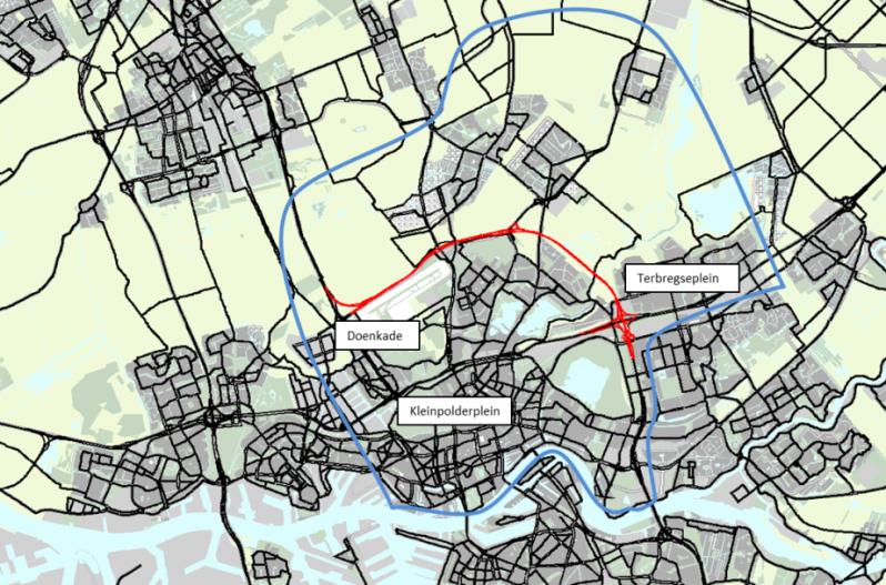 Afbeelding 4.1. Studiegebied project A13/A16 Om in meer detail uitspraken over het onderliggend wegennet te kunnen doen, is een nadere onderverdeling gemaakt.